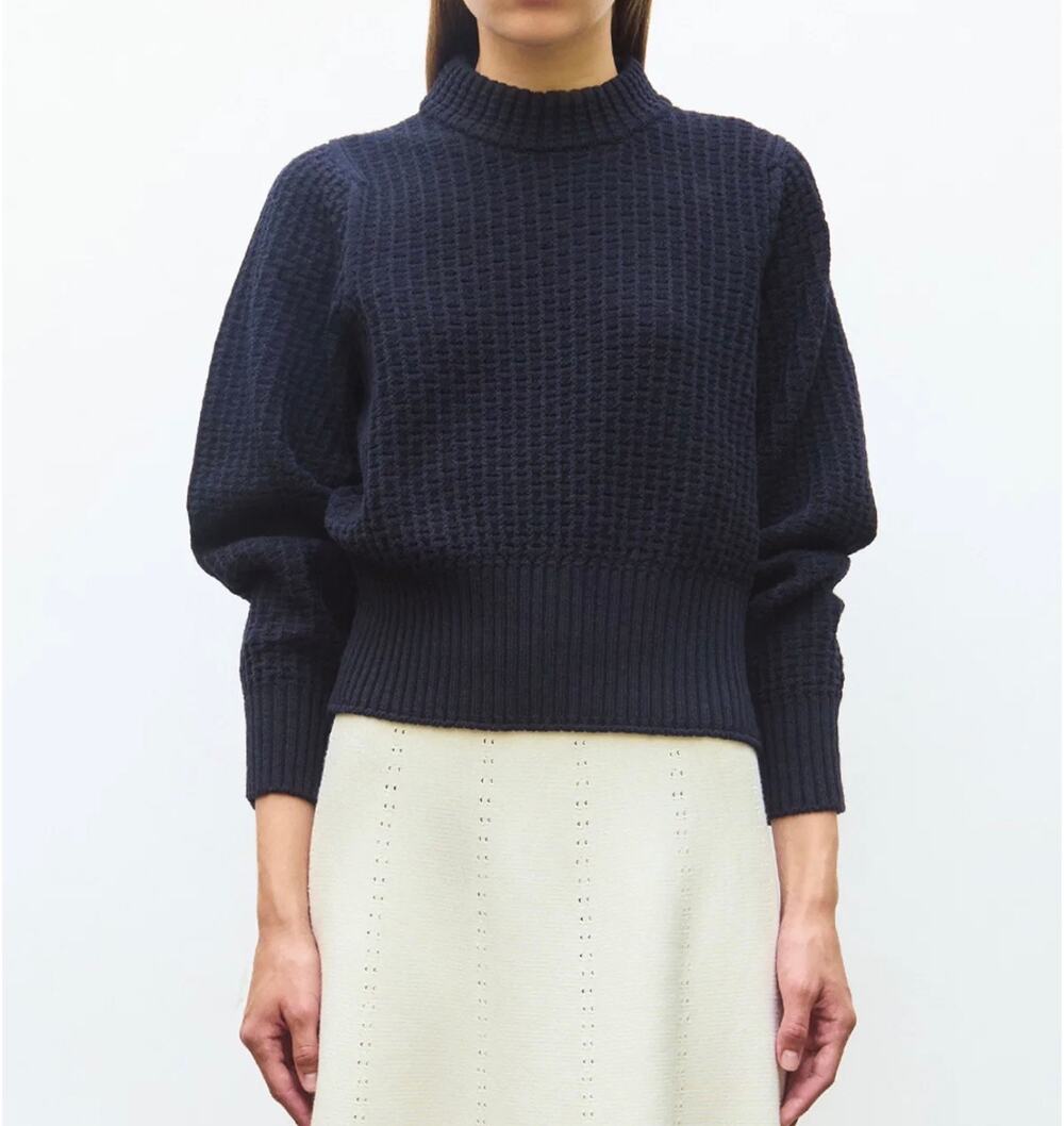 Molli Paris Waffle Knit Sweater Navy Pure New Wool Italy Size S Small